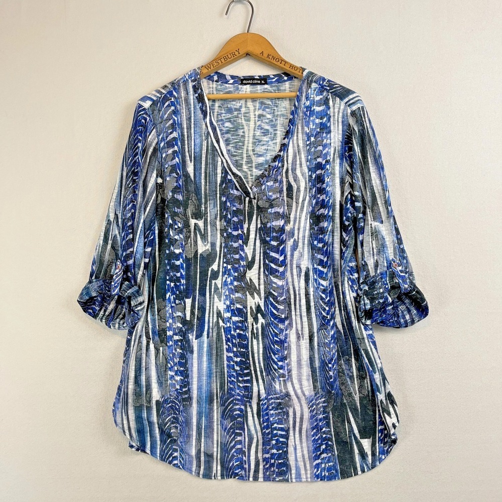 David Cline XL Blue Abstract Print Roll Tab Sleeve V-Neck Top Made in USA 2869C